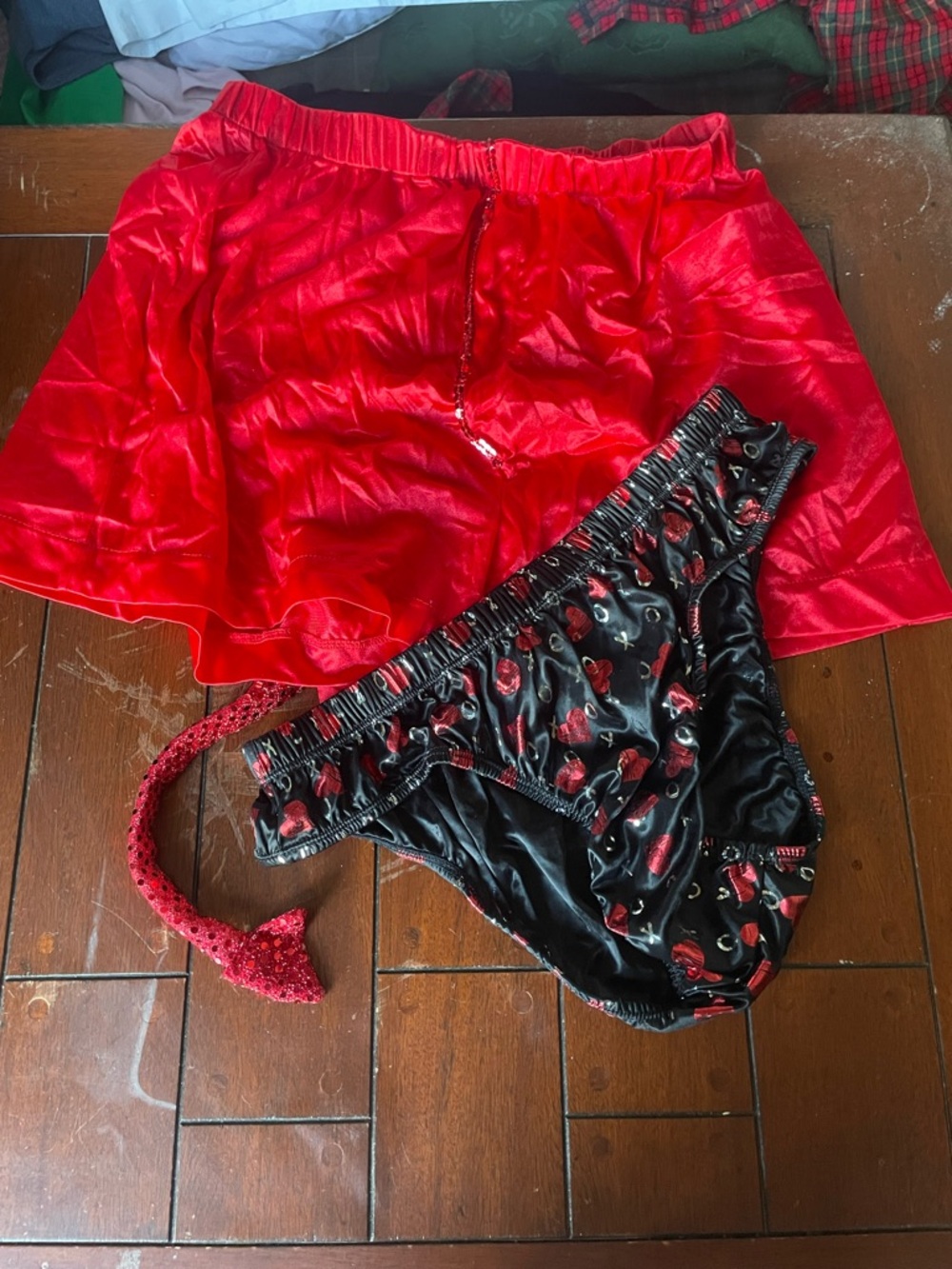 Mens Satin Red Sleep Shorts with Black Heart-Print Bikini Briefs